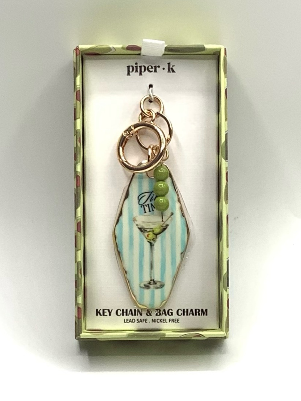 piper·k Gold-Tone Key Chain & Bag Charm in Aqua Stripe with Martini Accent